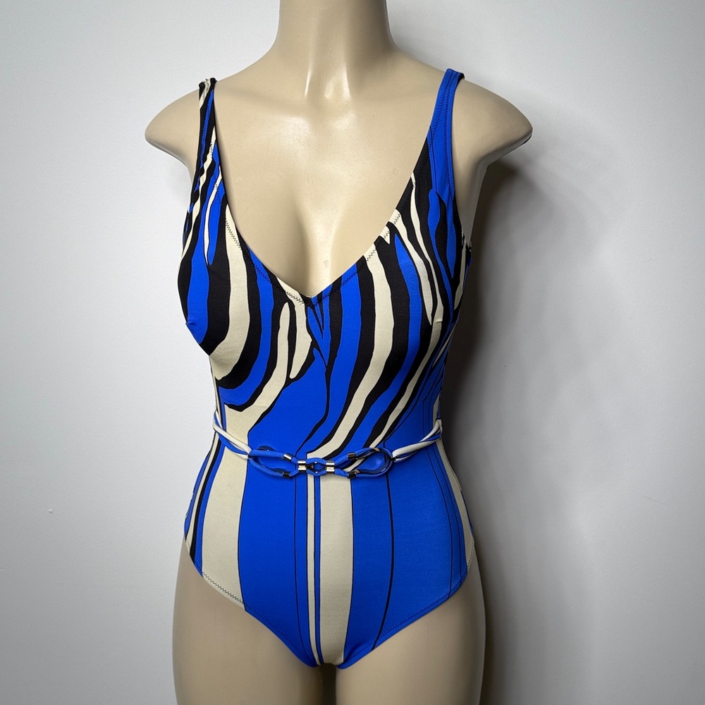 Blue and Black Striped Swimsuit